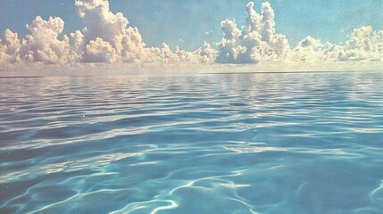 Poster -   A clear blue expanse of water with fluffy white clouds above and a solitary boat bobbing gently in the center on a warm, sunny day