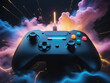 © magann - Black gamepad floating on neon clouds gaming setup