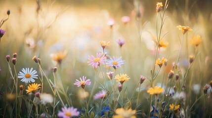 Sticker -   A field of diverse wildflowers, featuring an array of colors such as yellow, pink, and white