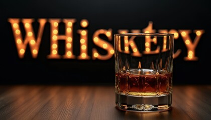 Whiskey glass on bar table with whiskey written on background