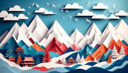 Poster - Winter Mountain Landscape in Abstract Paper Art Style with Sky Elements Generated by AI