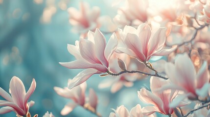 Poster -   A close-up of a tree branch adorned with pink flowers, bathed in sunlight filtering through the leaves