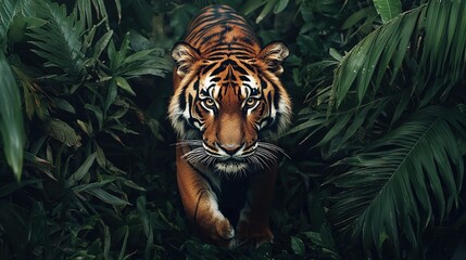 Wall Mural -   A tiger traversing a verdant jungle brimming with lush foliage and towering, slender green leaves