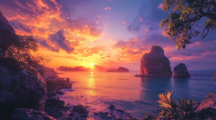 Sunset over Tropical Sea with Islands