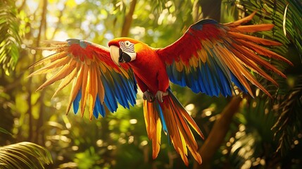 Poster -   Parrot flying through vibrant green, yellow forest with spread wings