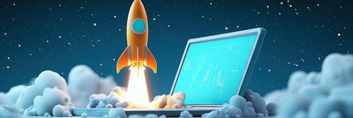 Wall Mural - 3D animated cartoon of rocket launching from laptop isolated on blue background