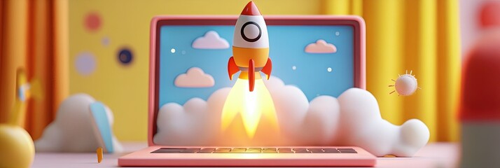 Wall Mural - 3D animated cartoon of rocket launching isolated on blue background