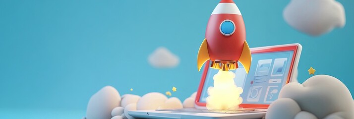 Wall Mural - 3D animated cartoon of rocket launching isolated on blue background