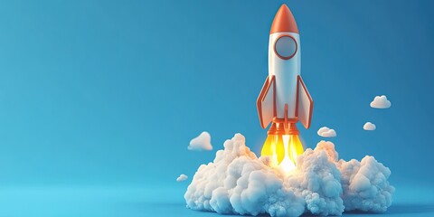 Wall Mural - 3D animated cartoon of rocket launching isolated on blue background