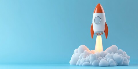 Wall Mural - 3D animated cartoon of rocket launching isolated on blue background