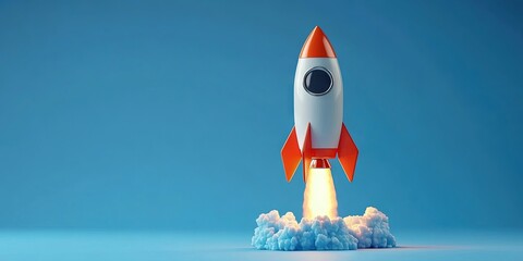 Wall Mural - 3D animated cartoon of rocket launching isolated on blue background