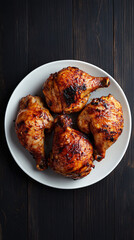 Five roasted chicken legs are lying on a white plate on a dark wooden background, making a delicious meal