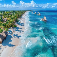 Wall Mural - Stunning Aerial View of Tropical Sandy Beach with Lush Palm Trees and Crystal Clear Turquoise Waters Unveiling Relaxation Paradise