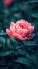 Poster -   Large pink flower atop lush green field during midday