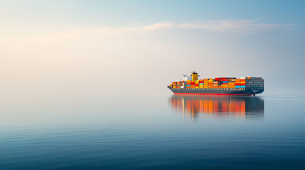 Side view of a cargo ship packed with containers, making its way across a tranquil sea during the day