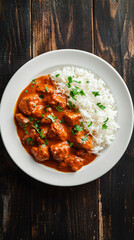 Wall Mural - Chicken tikka masala curry with basmati rice served on white plate, garnished with coriander leaves