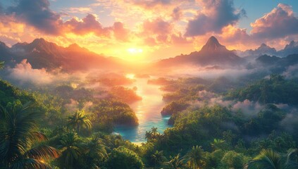 Wall Mural - Tropical Sunset Over Lush Mountains