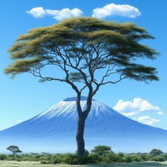 Majestic African Landscape: Acacia Tree Silhouetted Against Snow-Capped Mount Kilimanjaro and Vibrant Blue Sky