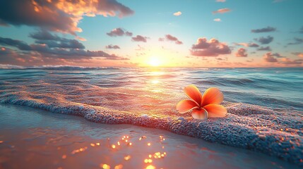 Poster -   A flower resting atop a sandy seashore, adjacent to the ocean and bathed in sunlight filtering through cloudy skies