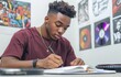 © Georgii - Focused high school student writing in a classroom, surrounded by creative wall decorations and music records