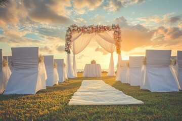 Wall Mural - Beautiful wedding decoration at sunset. Wedding ceremony venue. Round arch, white chairs, cute, fashionable decor. Part of holiday decor, with generative ai