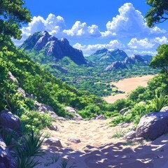 Sticker - Majestic Tropical Valley Landscape with Lush Greenery, Sandy Trail, Mountain Views, and Vibrant Blue Sky with Fluffy Clouds