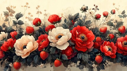 Canvas Print - Vibrant floral arrangement with strawberries in a decorative style.