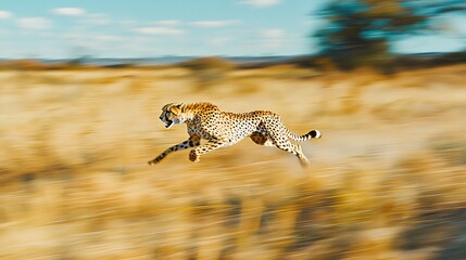 Sticker -   A cheetah sprints across a field of parched grass under a cerulean sky, dotted with scattered clouds