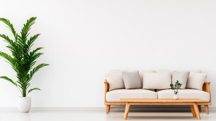 Poster - Minimalist living room with a white sofa, wooden coffee table, and a potted plant.