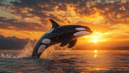 Wall Mural - Orca Jumping at Sunset