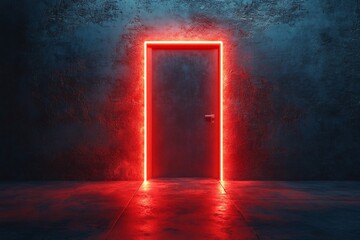 Wall Mural - A red neon light outlines a closed door in a dark, concrete room.