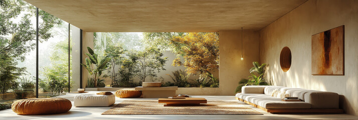 Poster - Minimalist living room with large windows overlooking a lush garden.