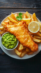 Wall Mural - Classic british fish and chips dish accompanied by mushy peas, lemon, and parsley on a white plate against a dark wooden background