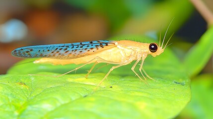 Canvas Print - Close-Up Macro Photography of a Tiny Insect with Blue Wings on a Green Leaf