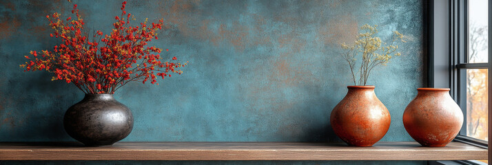 Wall Mural - Three vases with different flowers on a shelf against a blue wall.