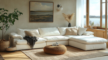 Sticker - Modern living room with a white sectional sofa and a view of the lake