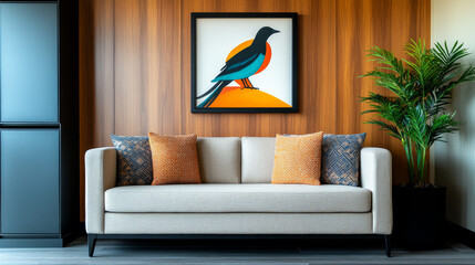 Canvas Print - A white sofa with orange and blue patterned throw pillows sits in a room with wood paneling.