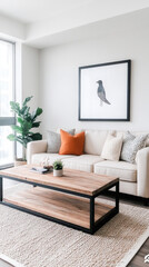 Canvas Print - Modern living room with a white couch, wooden coffee table, and a bird print on the wall.