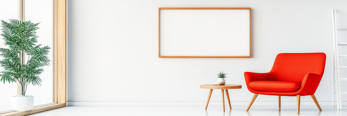 Poster - Red armchair in minimalist living room with blank frame.