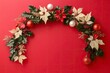 © MUdaylah - Christmas background with decorations and wide arch shaped leaf frame on red background.  with generative ai