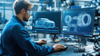 © alisluch - Engineer designing a car using CAD software on dual monitors in a high-tech industrial environment, focusing on automotive innovation and development
