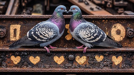   A pair of birds perched atop an old metal framework adorned with heart-shaped paintings