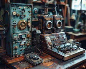 Wall Mural - Retro technology with vintage gadgets, nostalgic and intricate, Urban, Soft tones, Photograph, Historical charm