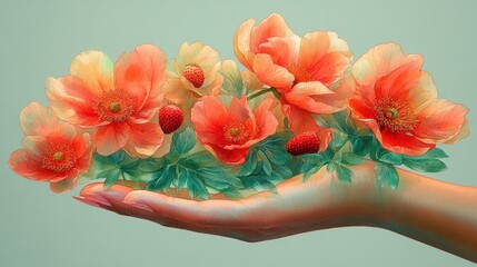 Sticker - A hand holding vibrant flowers and strawberries, symbolizing nature.