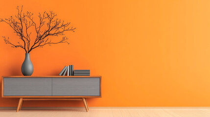 Wall Mural - Modern cabinet with wooden legs against an orange wall.