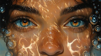 Sticker - Close-up of a person's face submerged in water with sparkling reflections.