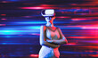 © InfiniteFlow - Smart female standing surrounded by neon light wearing VR headset connecting metaverse, future cyberspace community technology. Elegant woman confidently pose crossed arm look faraway. Hallucination.