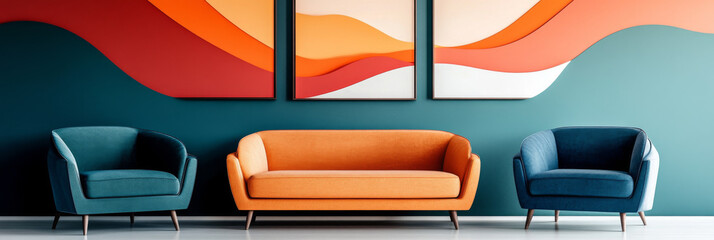 Poster - Modern living room with orange, blue and teal furniture