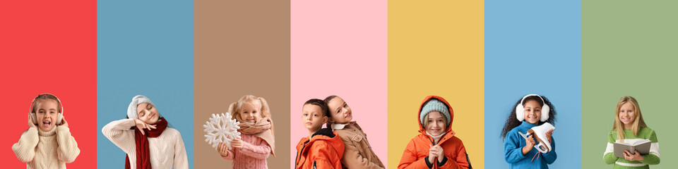 Wall Mural - Collage of cute little children in warm winter clothes on color background