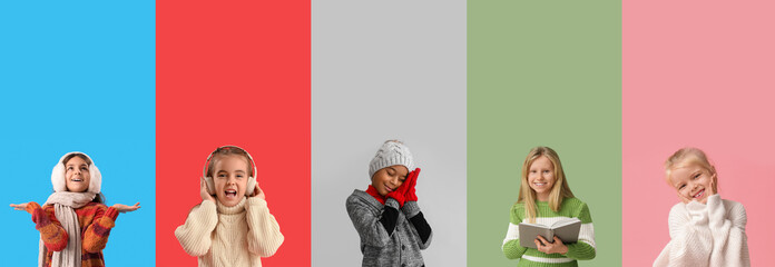 Poster - Collage of cute little children in warm winter clothes on color background